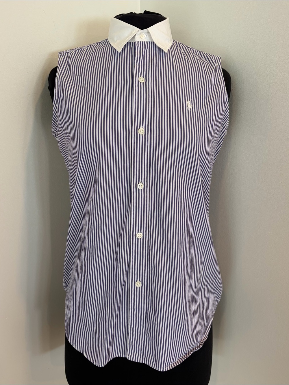 Ralph Lauren polo sport Stripe Sleeveless Button Down Shirt White Collar Sz 8